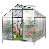 JULY'S SONG Walk-in Greenhouse for outdoors,6.2' x 8.2' Hobby Polycarbonate Greenhouse Kit, Aluminum Heavy Duty Green House with 2 Vent Windows, Sliding Door and Raised Base for Backyard in All Season