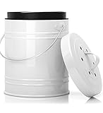 Cooler Kitchen White 1.3 Gallon Steel Compost Bin - Sturdy, Odor-Free, Dishwasher Safe Indoor Compost Bin with Charcoal Filters, Plastic Liner & Modern Look